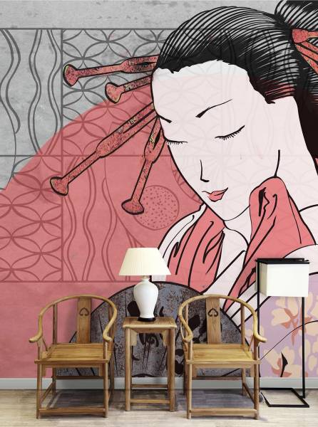 Geisha with a fan - wallpaper